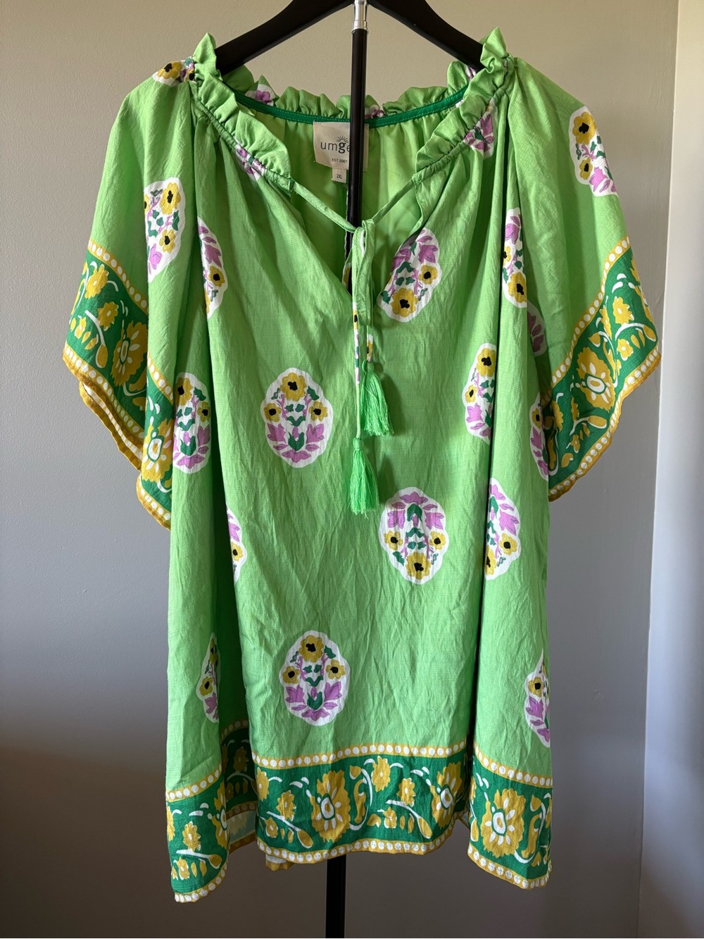 NWT Size 2X Umgee Lime Green Floral Boho Blouse with Yellow & Purple Accents